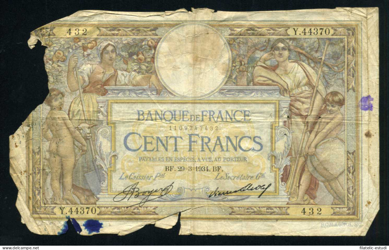 Francia 100 Francos 1934 Billete Banknote Circulado Pliegues Roturas Important - Sonstige – Europa