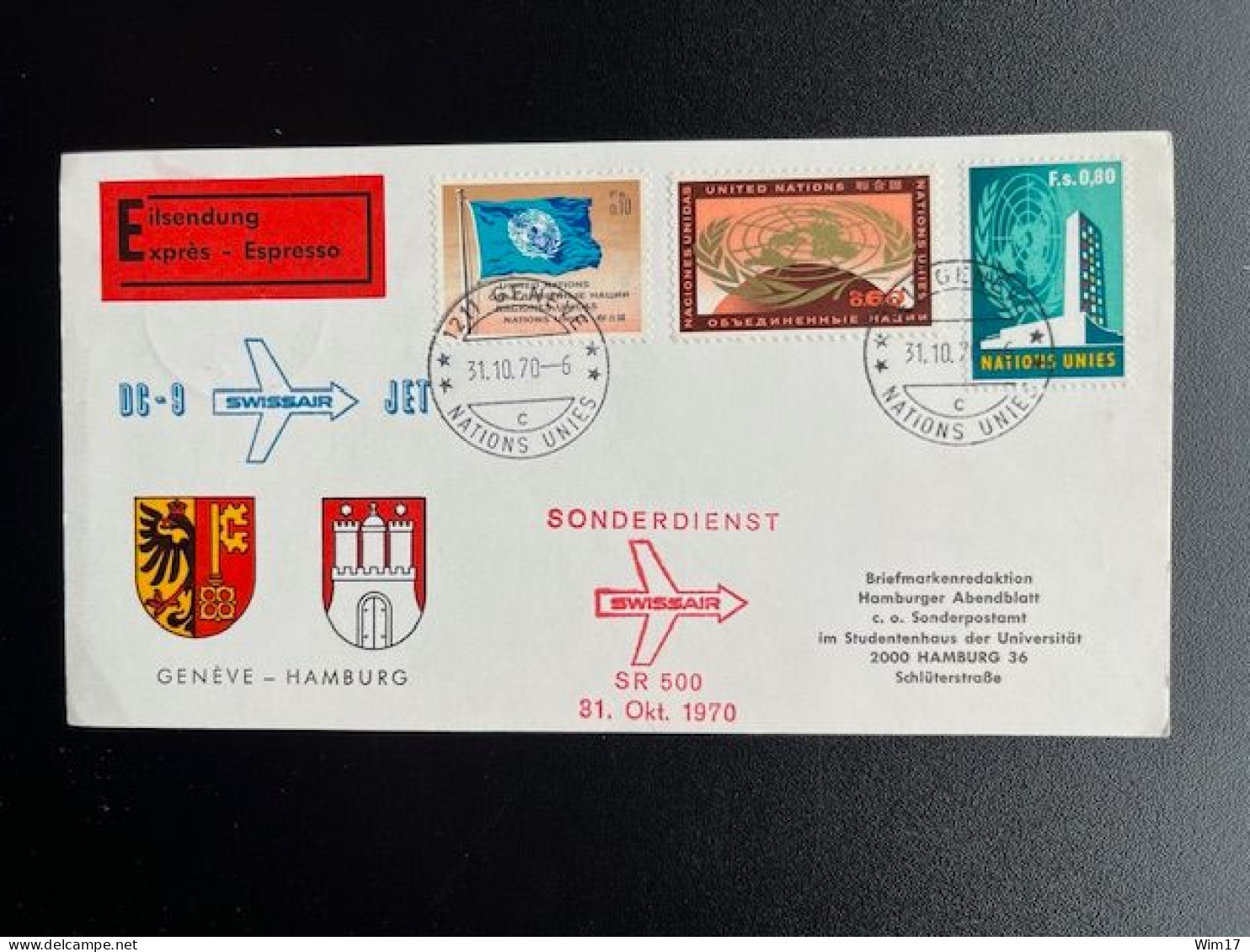 UNITED NATIONS GENEVA 1970 EXPRESS CARD SWISSAIR DC-9 JET SR500 GENEVA TO HAMBURG 31-10-1976 GENEVE EXPRES - Covers & Documents