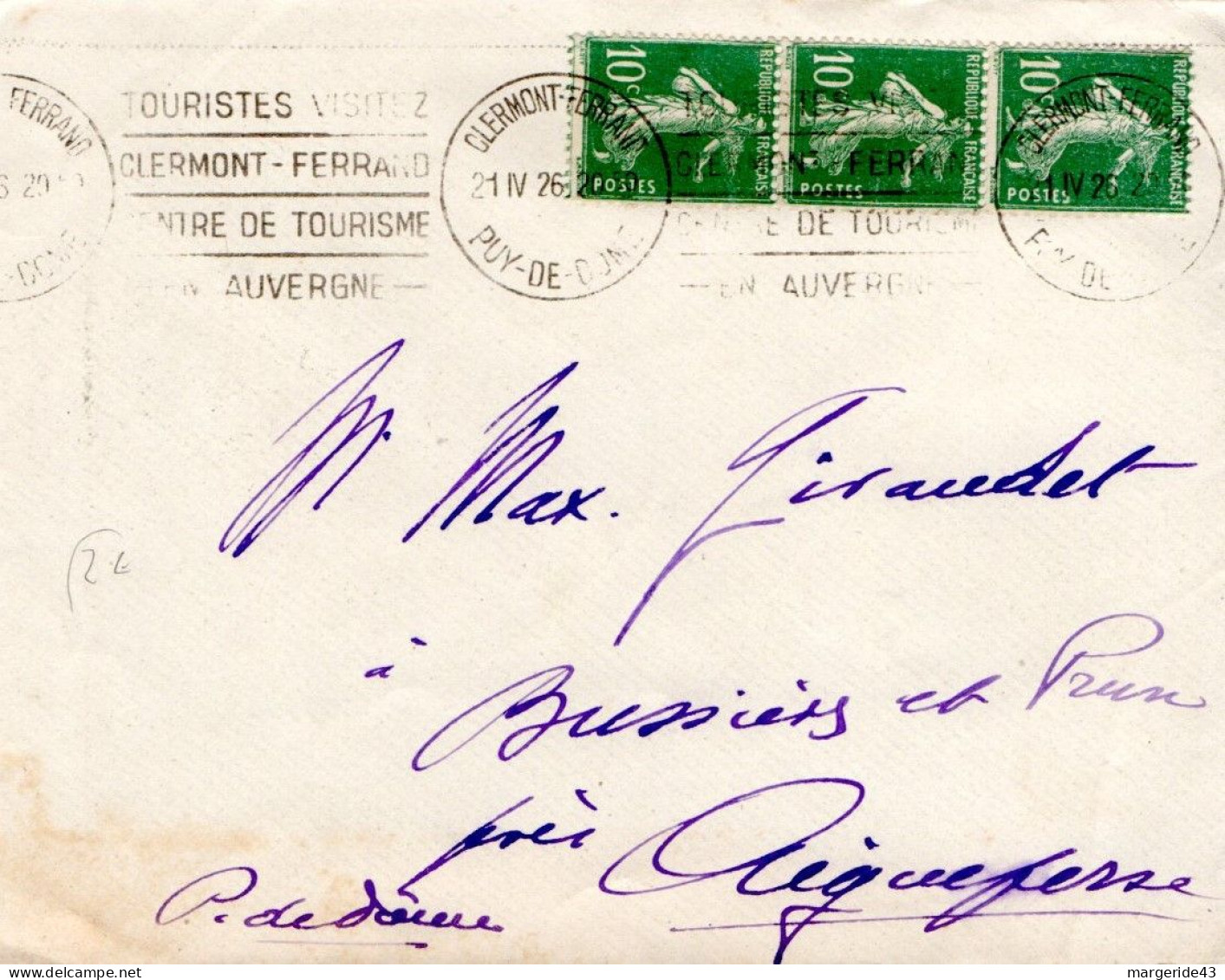 SEMEUSE AFFRANCHISSEMENT COMPOSE SUR LETTRE DE CLERMONT FERRAND 1926 - Postal Rates