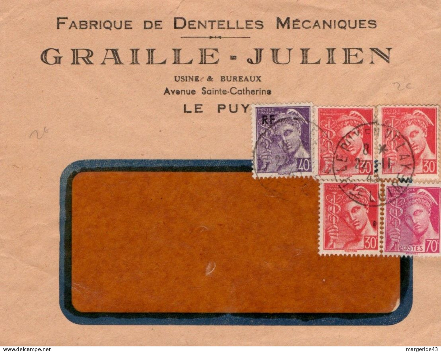 MERCURE AFFRANCHISSEMENT COMPOSE SUR LETTRE A ENTETE DE LE PUY EN VELAY 1945 - Tarifs Postaux