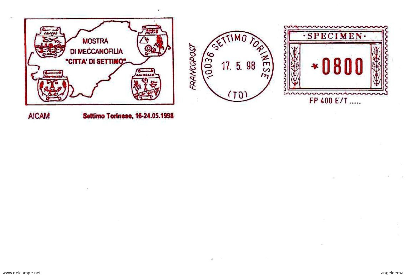 ITALIA ITALY - 1998 SETTIMO TORINESE (TO) Mostra Meccanofilia - Affrancatura Rossa Red Meter Ema SPECIMEN - 873 - Expositions Philatéliques