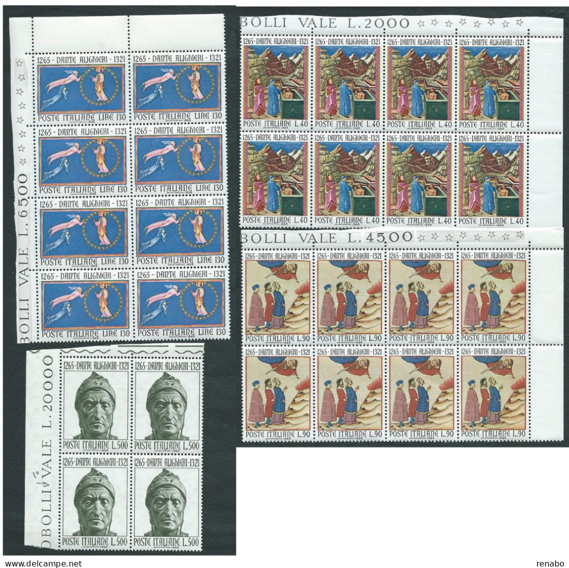 Italia 1965; Anniversario Dante Alighieri, Poeta, Serie Completa In Blocchi D' Angolo Superiore. - 1961-70: Mint/hinged