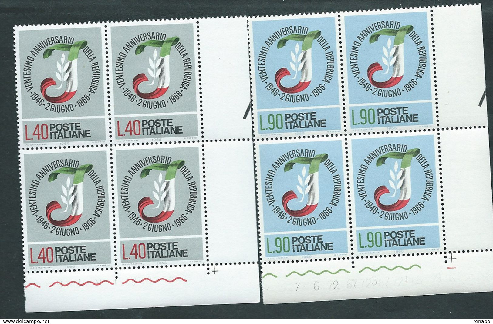 Italia 1966; Ventennale Della Repubblica. Serie Completa In Quartine D' Angolo. - 1961-70: Mint/hinged