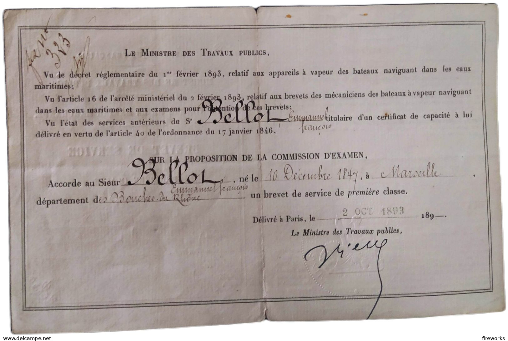 Octobre 1893 - Brevet De Service De Mécaniciens De 1° Classe De La Marine Marchande Au Long Cours - Diplomi E Pagelle