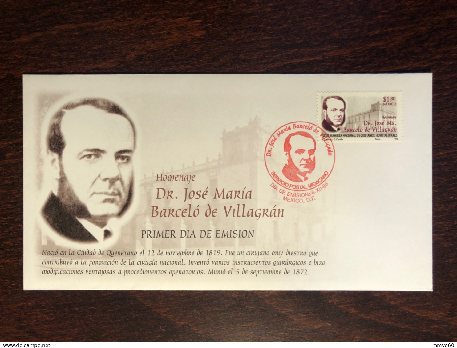 MEXICO FDC COVER 1996 YEAR DOCTOR VILLAGRAN SURGERY HEALTH MEDICINE STAMPS - Mexico