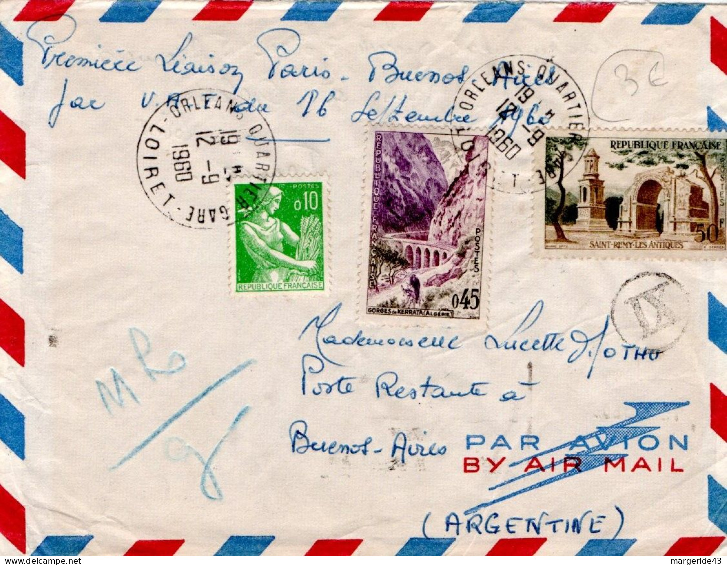 AFFRANCHISSEMENT COMPOSE SUR PLI AVION DE ORLEANS POUR L'ARGENTINE 1960 - Postal Rates