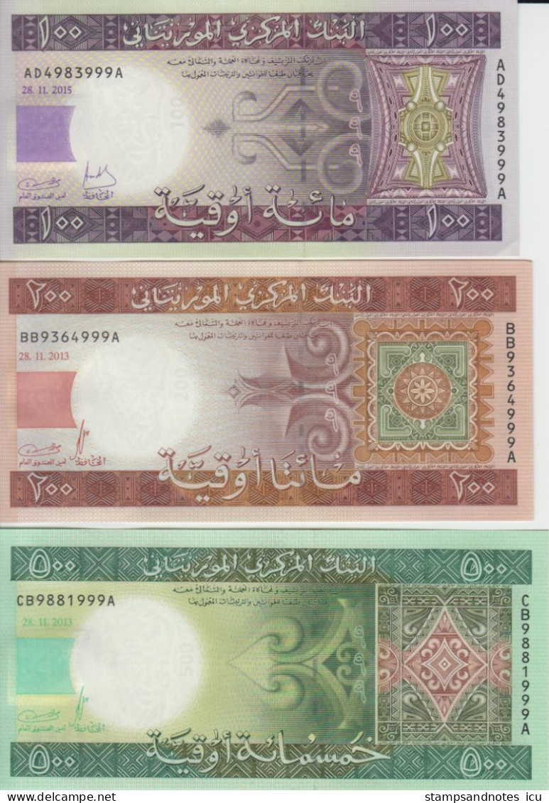 MAURITANIA 100 200 500 Ouguiya 2013 2015 P 16b 17 18 UNC Set Of 3 Banknotes With Last 3 Matching Serials - Mauritanie