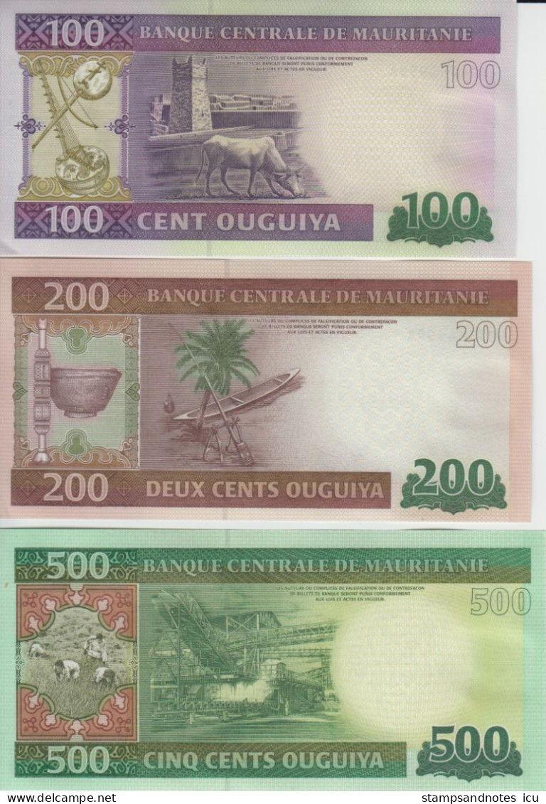 MAURITANIA 100 200 500 Ouguiya 2013 2015 P 16b 17 18 UNC Set Of 3 Banknotes With Last 3 Matching Serials - Mauritanië