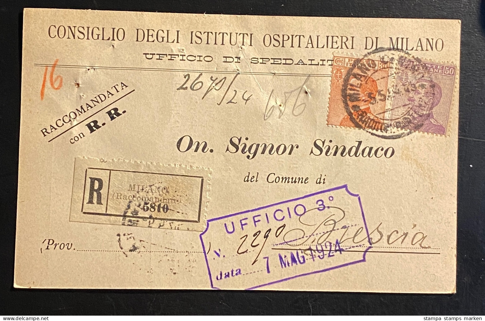 Italien 1924 R-Postkarte MILANO Mi. 92 U. 133 Gestempelt/o MILANO Nach BRESCIA - Express Mail