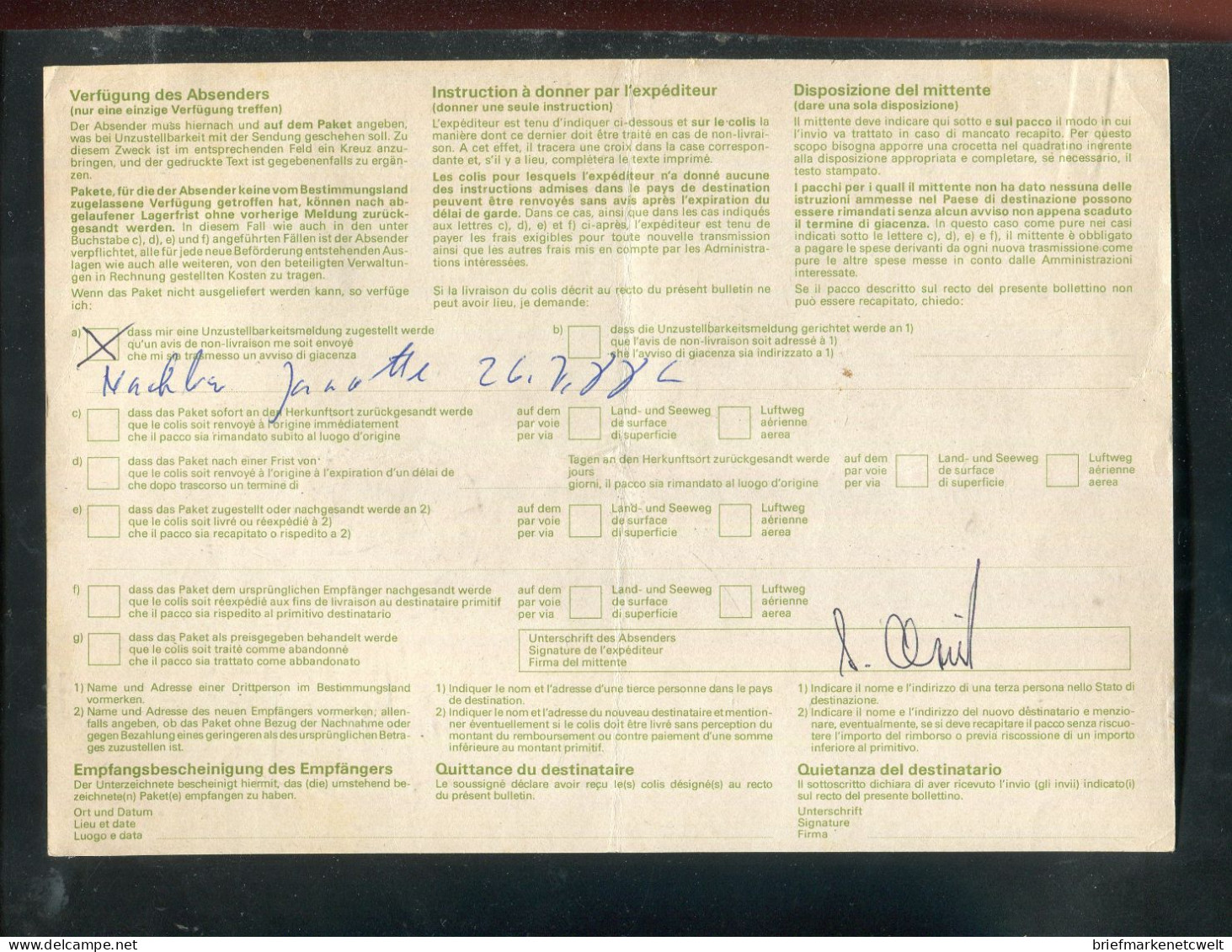 "SCHWEIZ" 1988, Auslandspaketkarte Ex Gais Nach Hannover, Frankatur ! (60162) - Briefe U. Dokumente