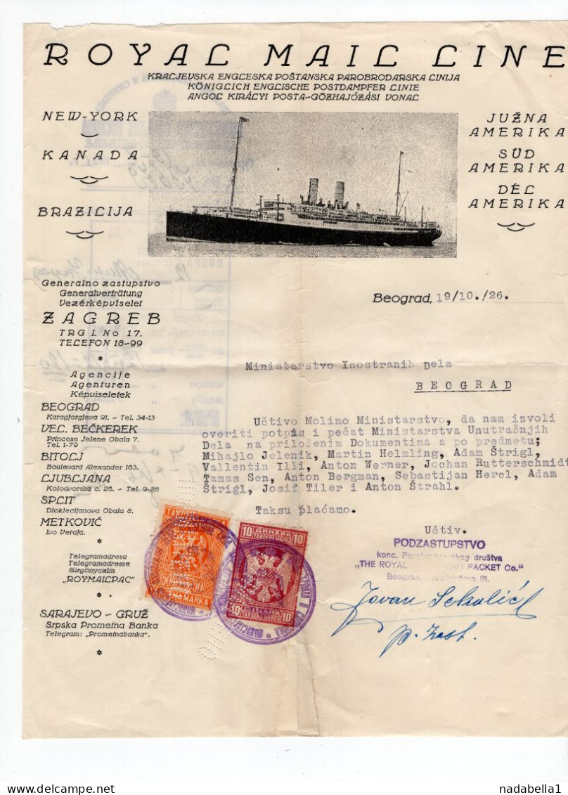 1926. KINGDOM OF SHS,SERBIA,BELGRADE OFFICE,ROYAL MAIL LINE FOR CANADA,NY,LATIN AM,STEAM BOAT,2 STATE REVENUE STAMPS - Lettres & Documents