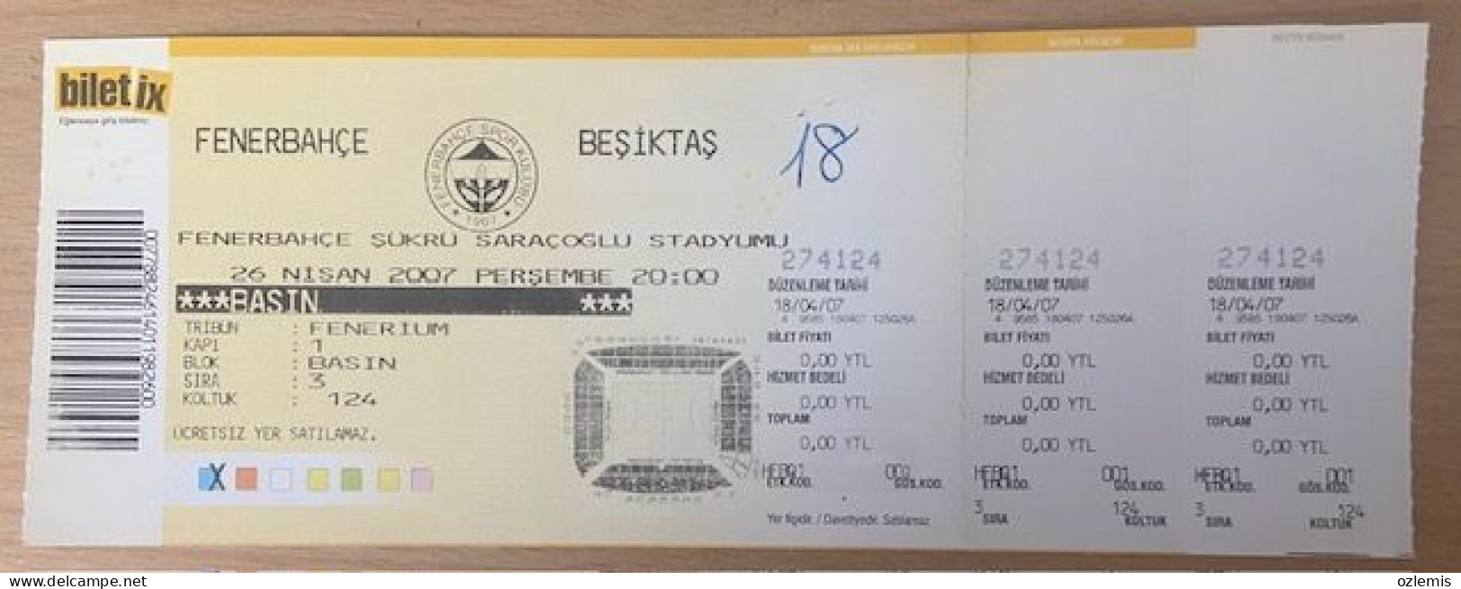 FENERBAHCE -BESIKTAS ,MATCH TICKET ,2007 - Tickets D'entrée