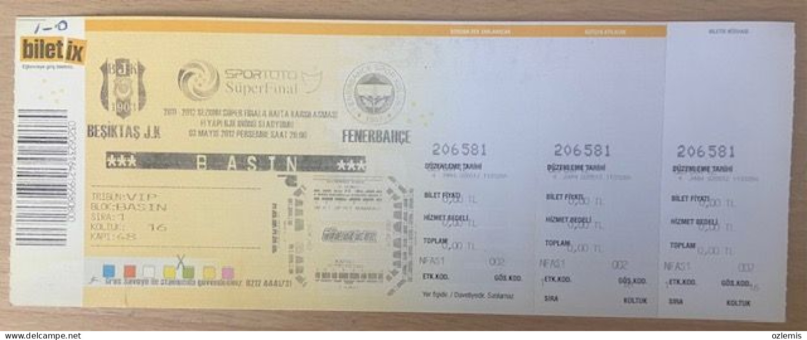 BESIKTAS ,FENERBAHCE ,MATCH TICKET ,2012 - Tickets & Toegangskaarten