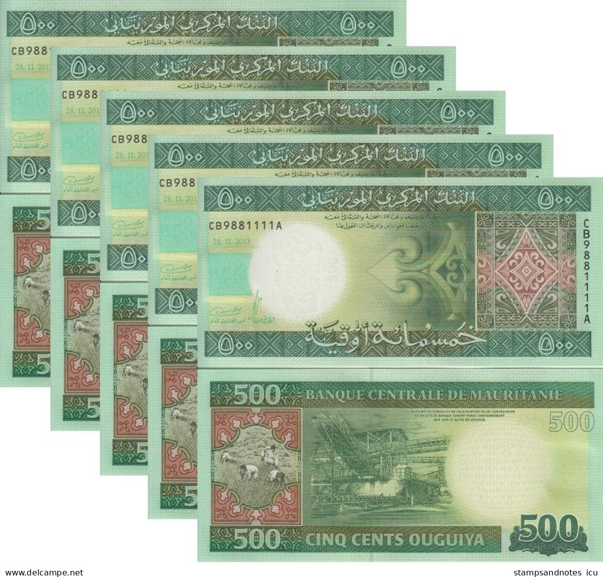 MAURITANIA 500 Ouguiya 2013 P 18 UNC X 5 Banknotes With Consecutive Serial Numbers - Mauritania