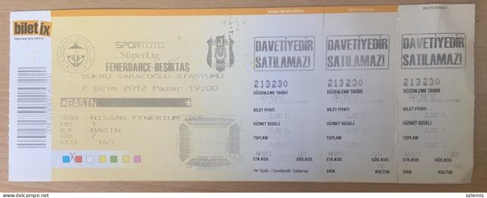 FENERBAHCE -BESIKTAS ,MATCH TICKET ,2012 - Eintrittskarten