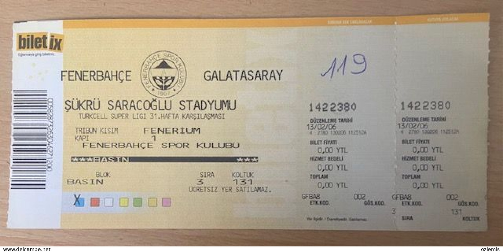 FENERBAHCE -GALATASARAY  ,MATCH TICKET ,2006 - Tickets & Toegangskaarten