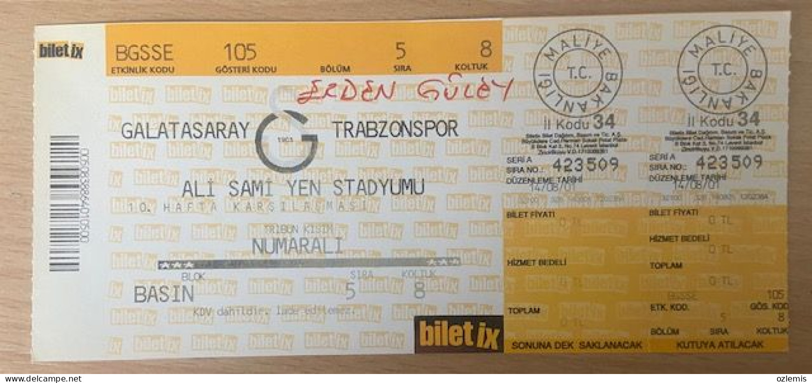 GALATASARAY - TRABZONSPOR ,MATCH TICKET ,2001 - Tickets & Toegangskaarten