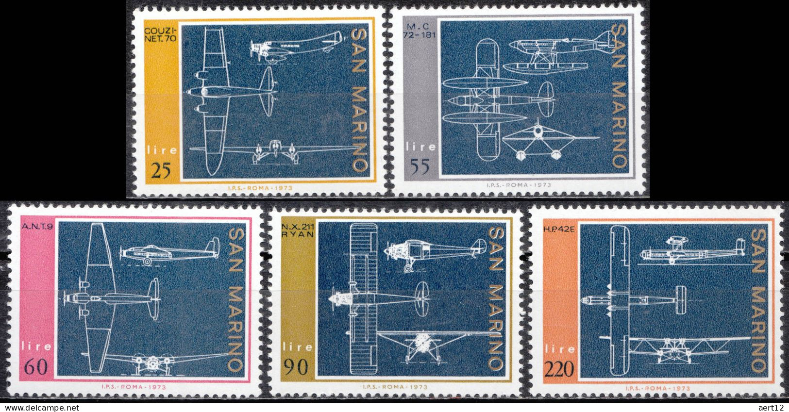 1973, San Marino, Aircraft, Aviation, 5 Stamps, MNH(**), SM 1041-45 - Unused Stamps