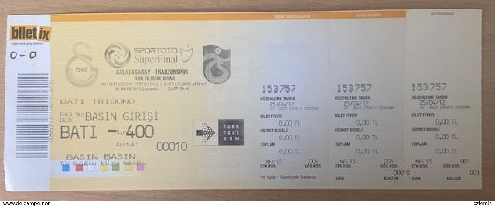 GALATASARAY - TRABZONSPOR ,MATCH TICKET ,2012 - Tickets D'entrée