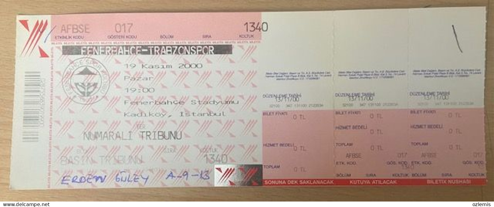 FENERBAHCE - TRABZONSPOR ,MATCH TICKET ,2000 - Tickets D'entrée