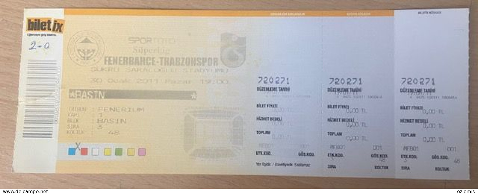 FENERBAHCE - TRABZONSPOR ,MATCH TICKET ,2011 - Eintrittskarten