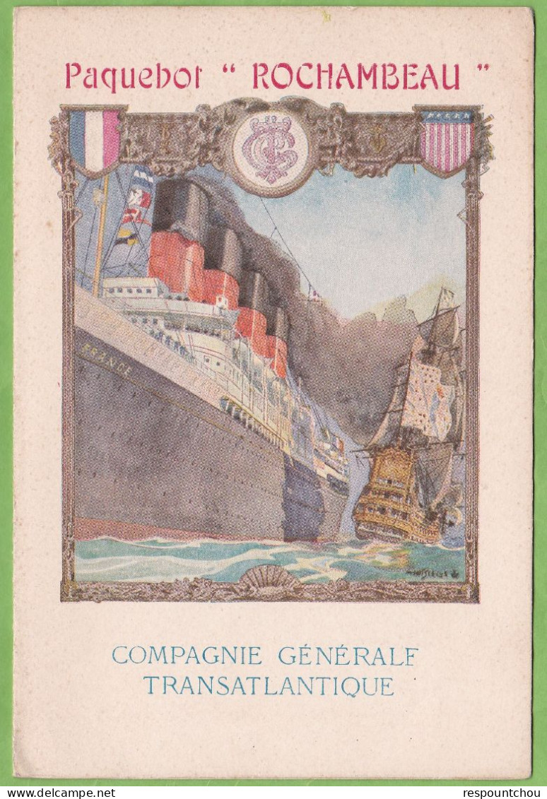 Rare Menu Paquebot Rochambeau Lignes Compagnie Générale Transatlantique Illustrateur 1914 Déjeuner - Menus