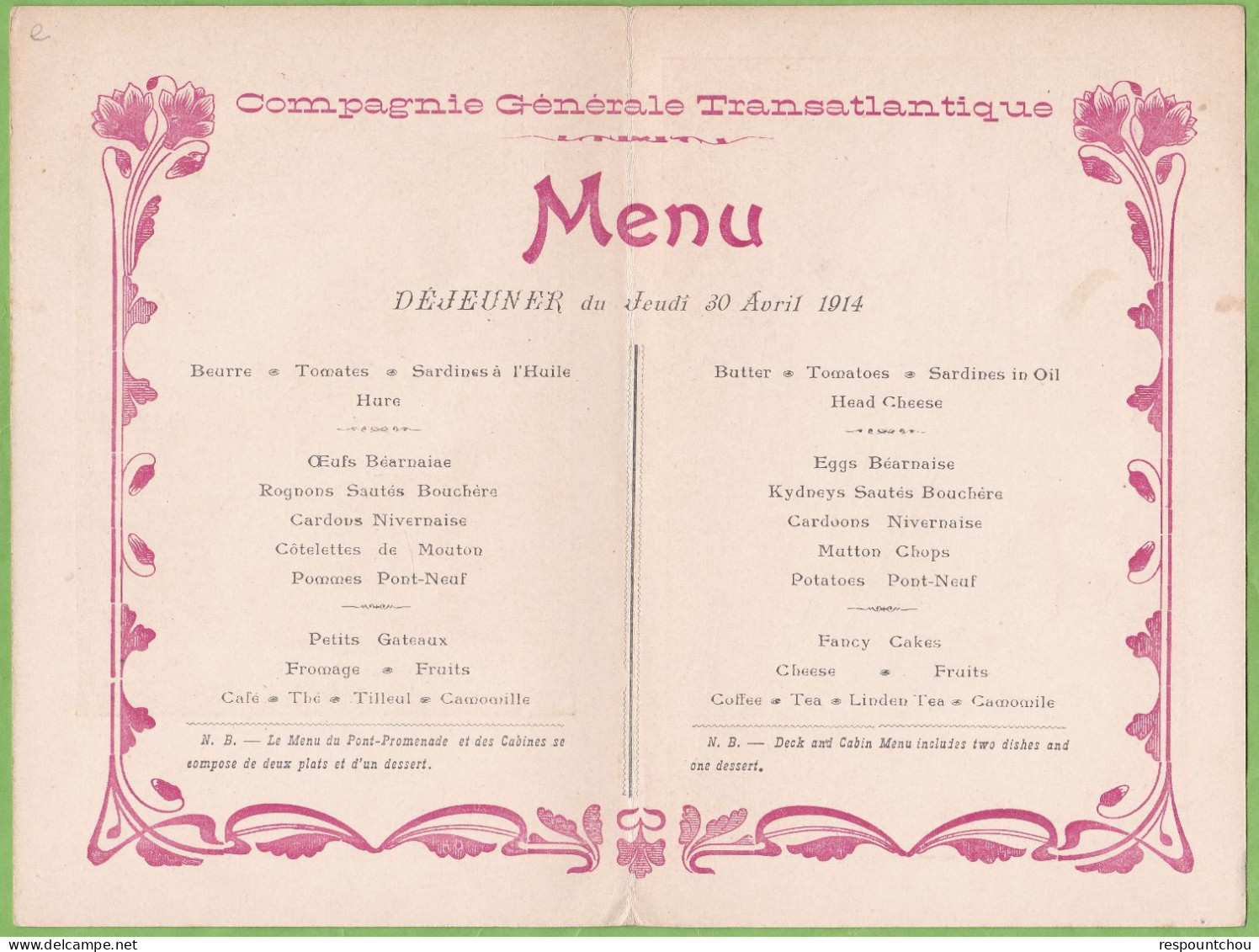 Rare Menu Paquebot Rochambeau Lignes Compagnie Générale Transatlantique Illustrateur 1914 Déjeuner - Menus