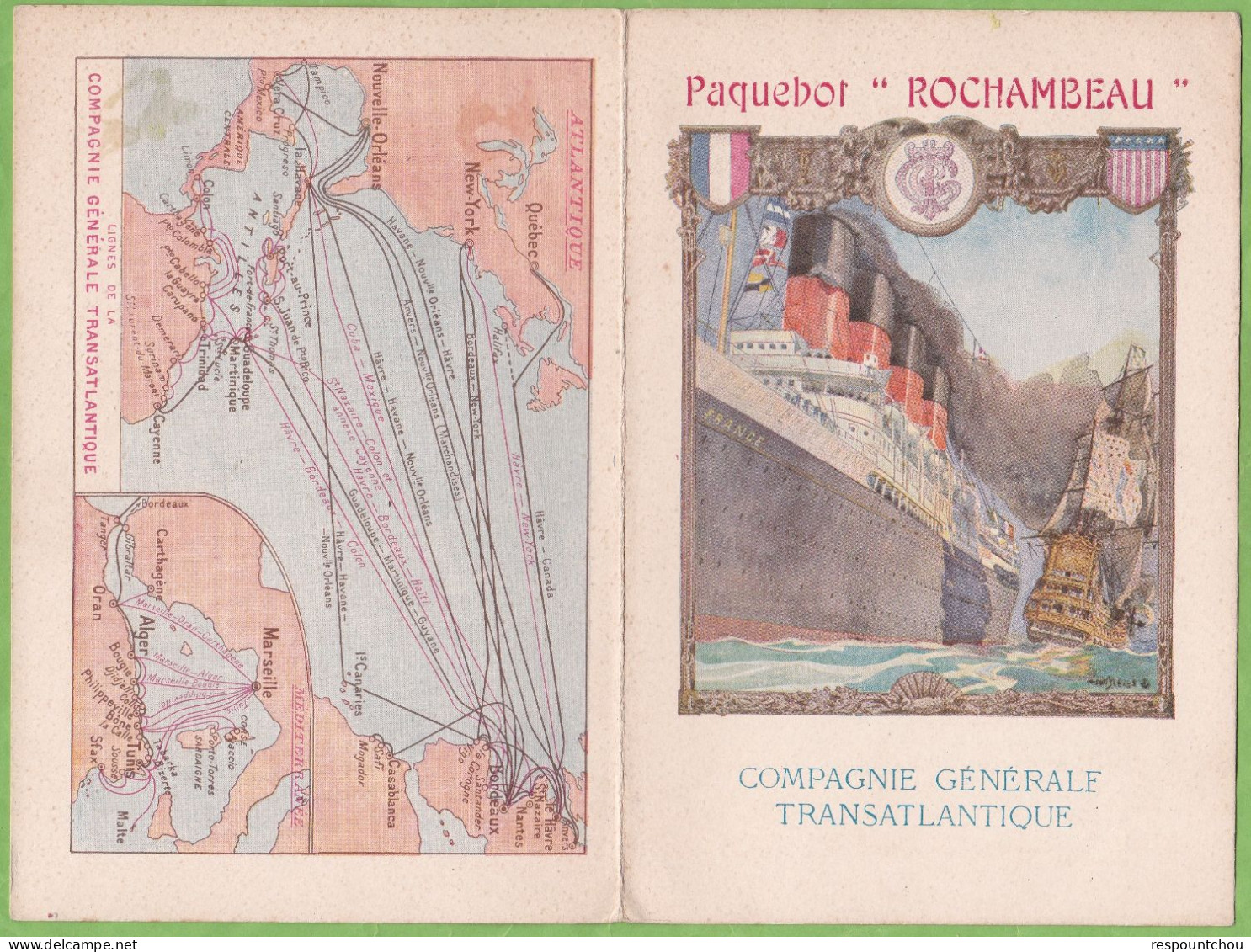 Rare Menu Paquebot Rochambeau Lignes Compagnie Générale Transatlantique Illustrateur 1914 Déjeuner - Menus