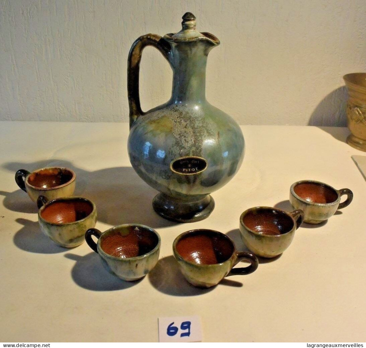 C69 Ancienne Cruche - 6 Verres - Poterie Grès D'art PITOT - Autres & Non Classés