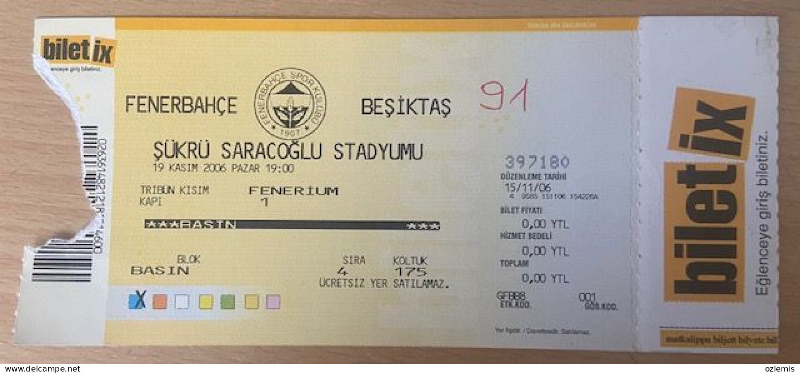 FENERBAHCE - BESIKTAS ,MATCH TICKET ,2006 - Tickets D'entrée