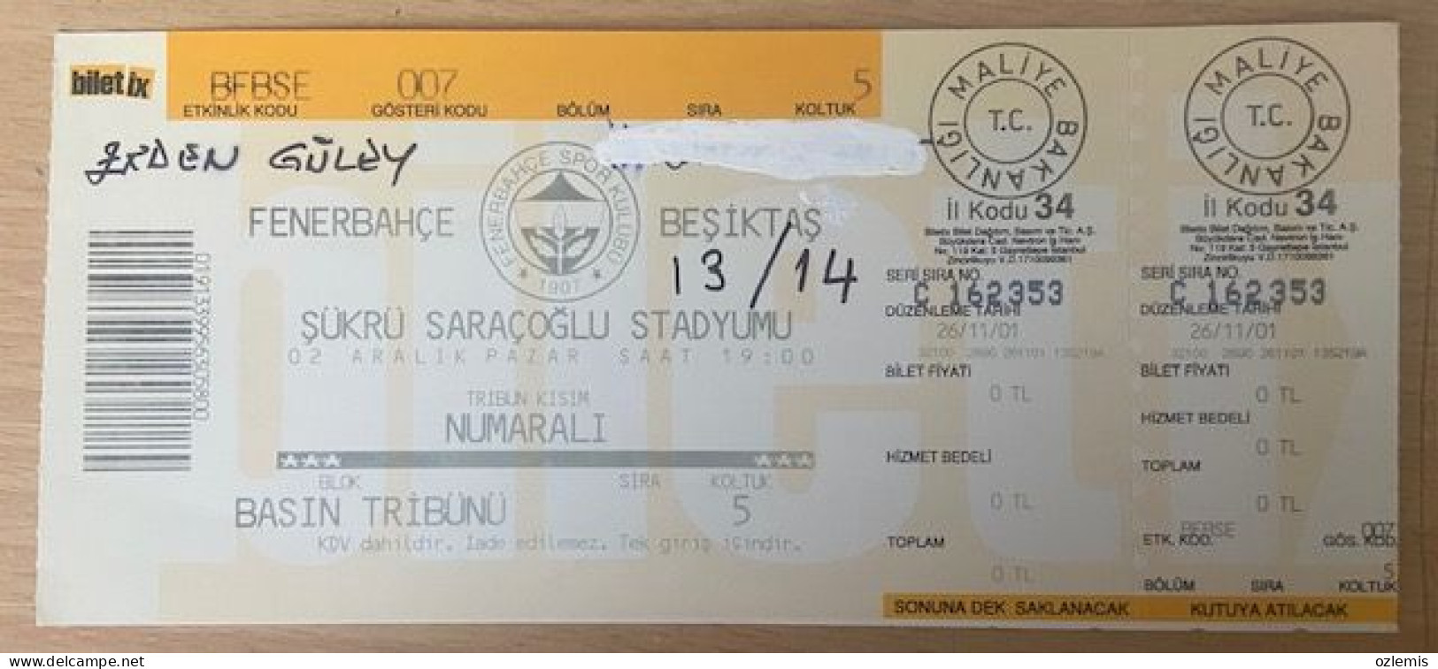 FENERBAHCE - BESIKTAS ,MATCH TICKET ,2001 - Match Tickets