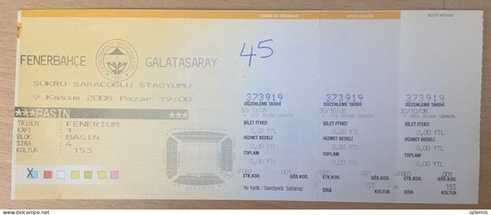 FENERBAHCE - GALATASARAY  ,MATCH TICKET ,2008 - Match Tickets