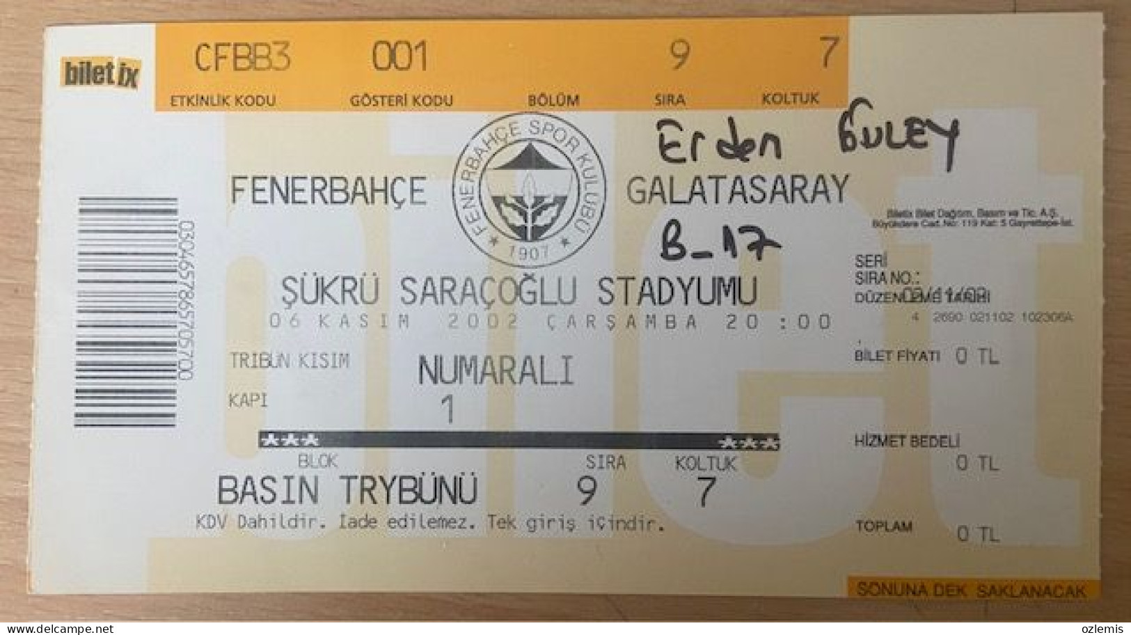 FENERBAHCE - GALATASARAY  ,MATCH TICKET ,2008 - Eintrittskarten