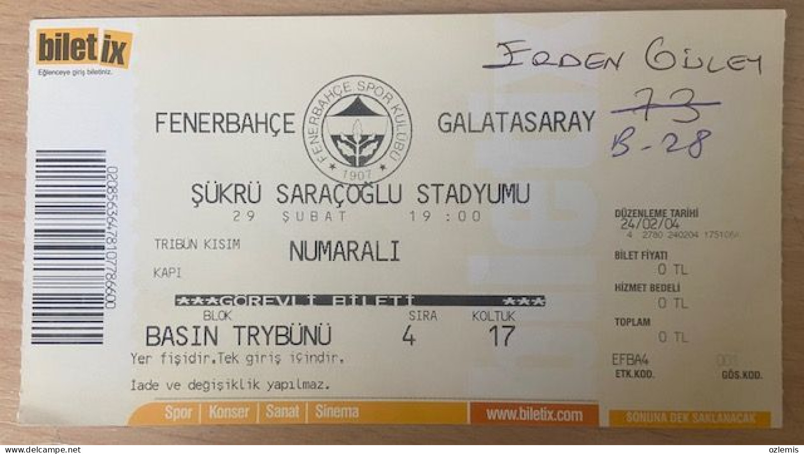 FENERBAHCE - GALATASARAY  ,MATCH TICKET ,2004 - Eintrittskarten