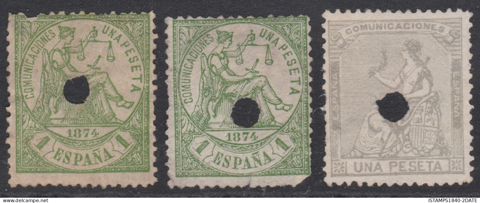 00619/ Spain 1873/74 Mint Telegraphed (Drilled Hole) X3 Allegorical Figure Of Peace + Justice - Colecciones