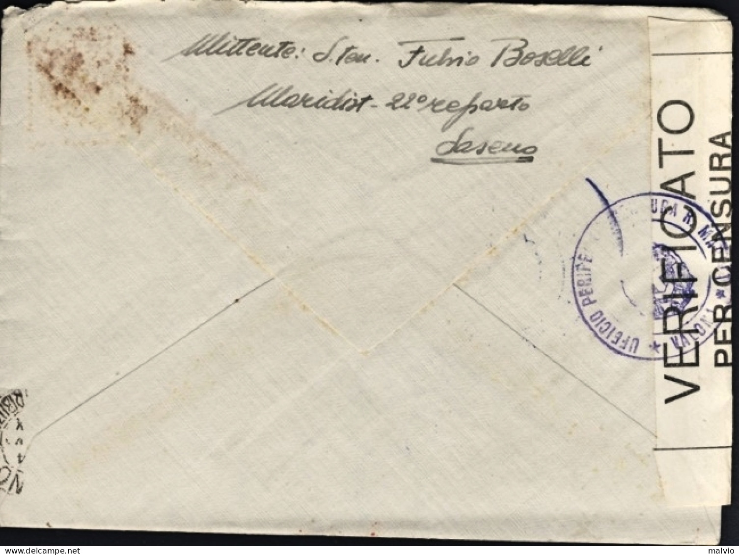 1942-manoscritto Da Saseno Busta Con Lettera Scritta All'interno, Tondo Censura  - Saseno