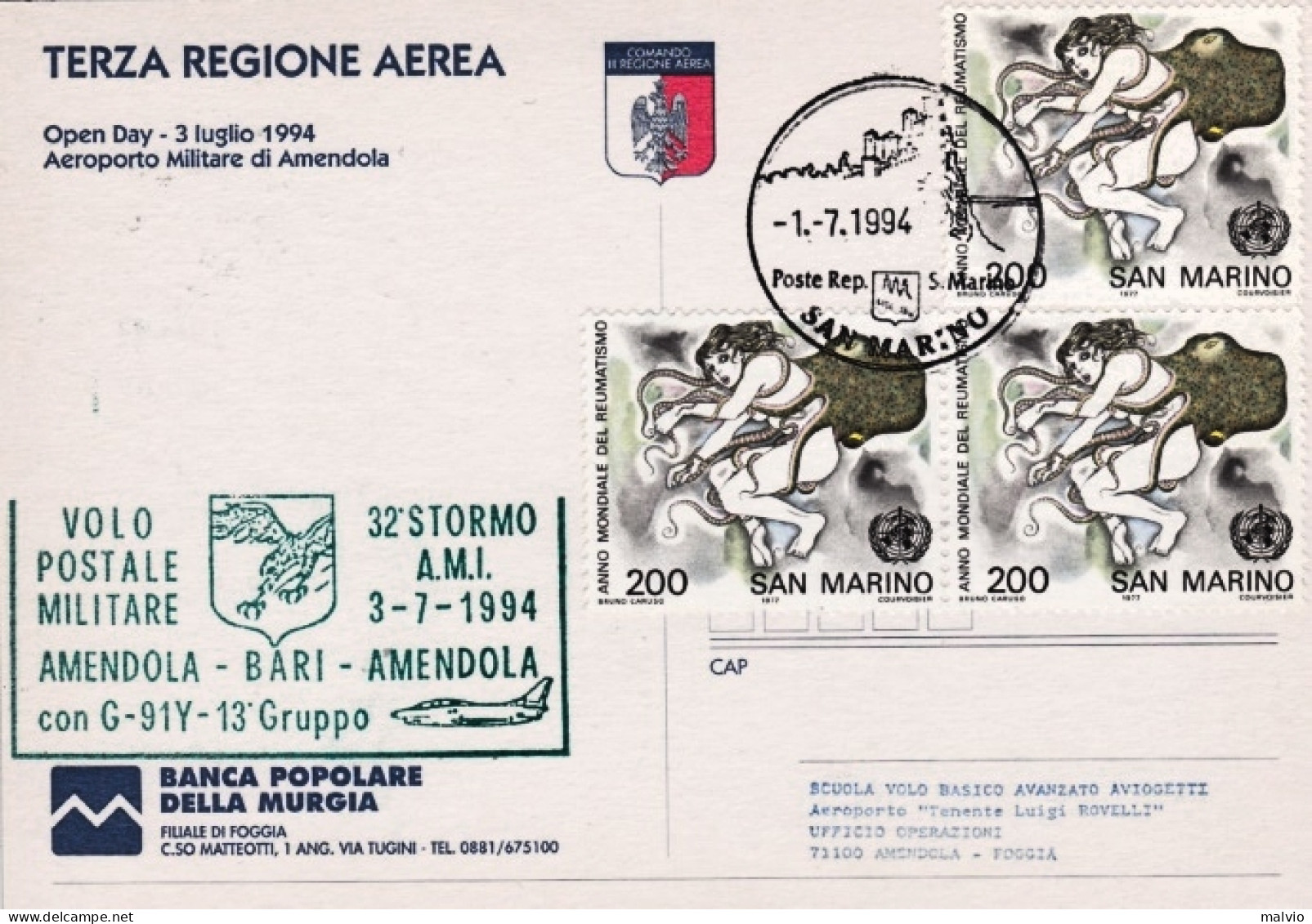 San Marino-1994 Volo Postale Militare Con G91 Y Amendola Bari Amendola Del 3 Lug - Luftpost