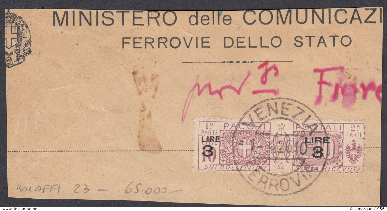 ITALIA - 1923 - Coppia Francobolli Per Pacchi Obliterati Su Frammento Di Busta, Unificato 23. - Postpaketten