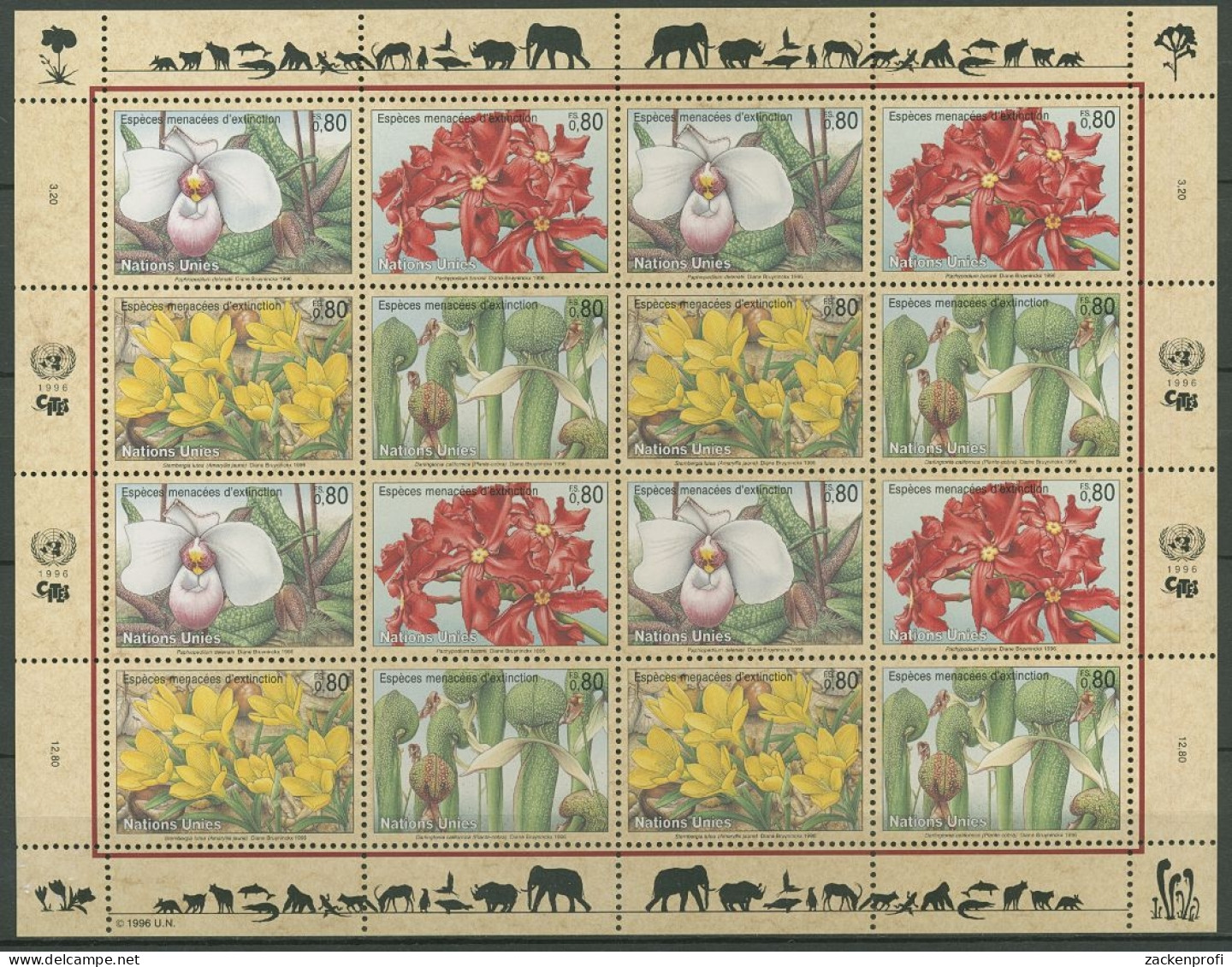 UNO Genf 1996 Gefährdete Arten: Flora 288/91 ZD-Bogen Postfrisch (C14239) - Blocks & Sheetlets