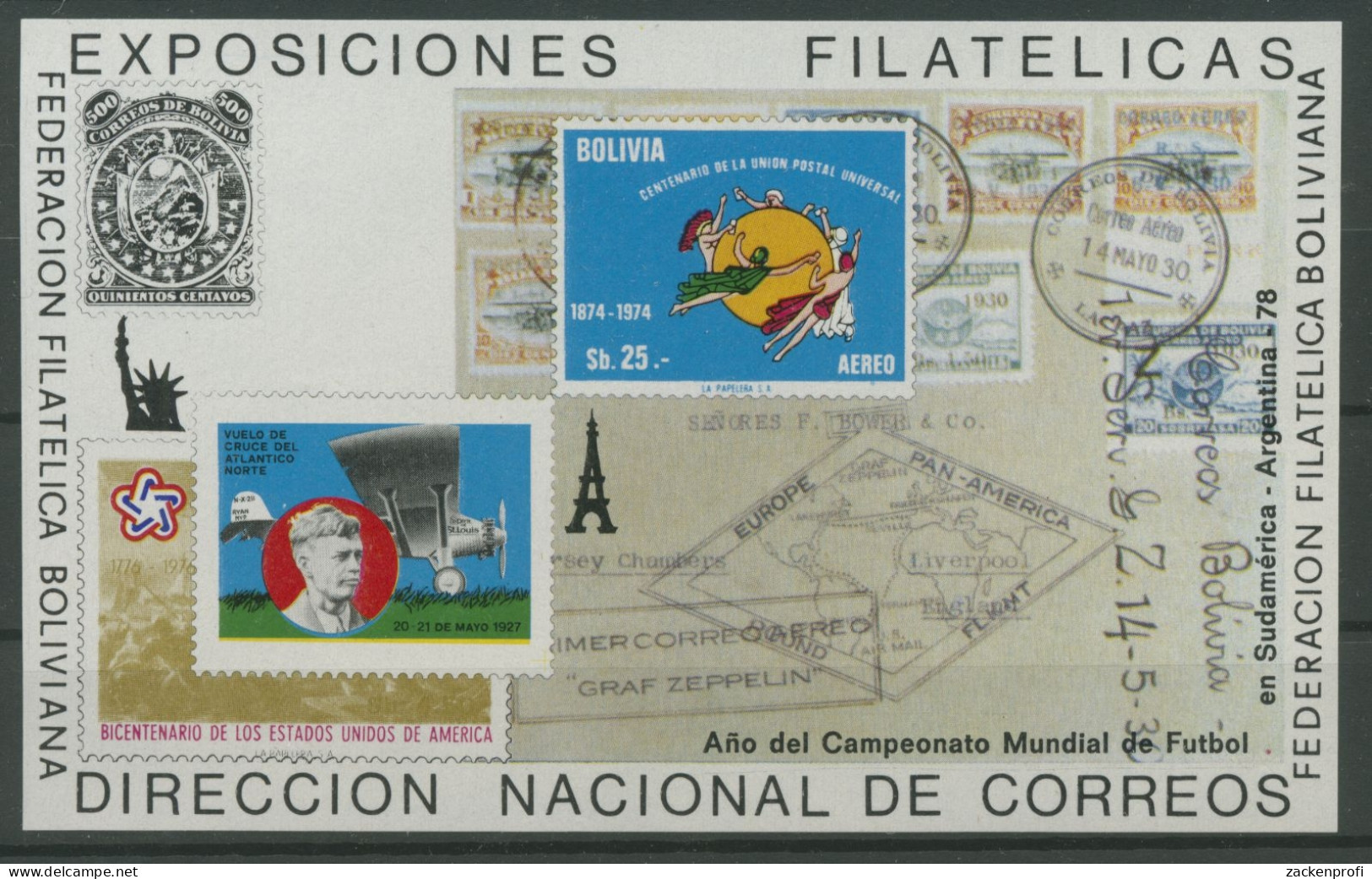 Bolivien 1978 Jahrersereignisse, Lindbergh Zeppelin Block 81 Postfrisch (C22842) - Bolivie