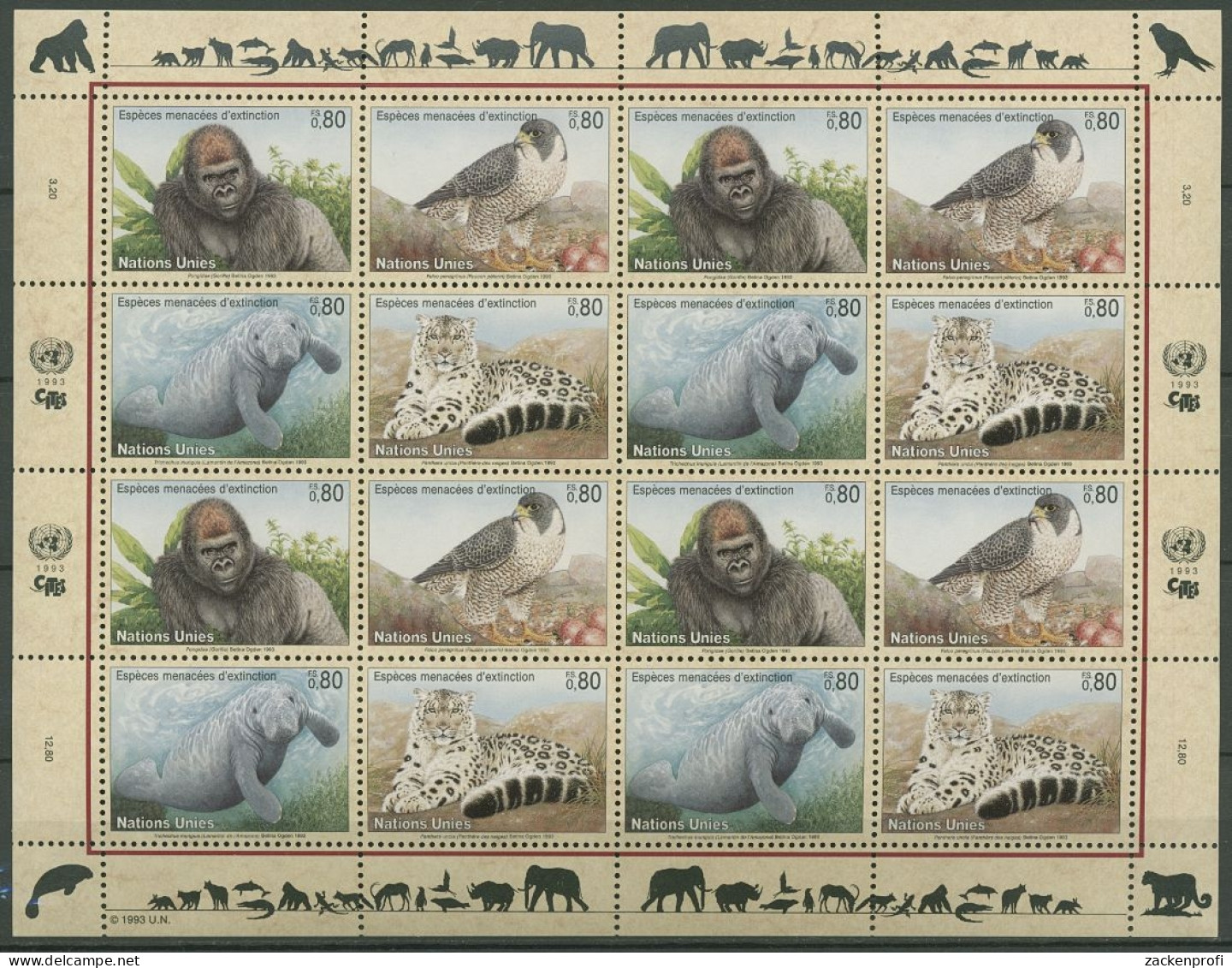 UNO Genf 1993 Gefährdete Arten: Tiere 227/30 ZD-Bogen Postfrisch (C14236) - Blocks & Kleinbögen