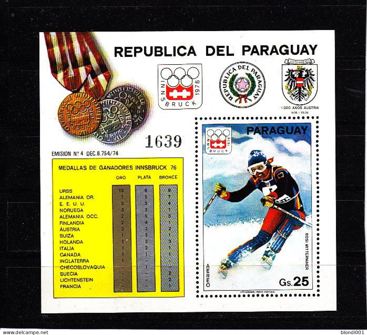 Olympics 1976 - Ski - PARAGUAY - S/S MNH - Hiver 1976: Innsbruck