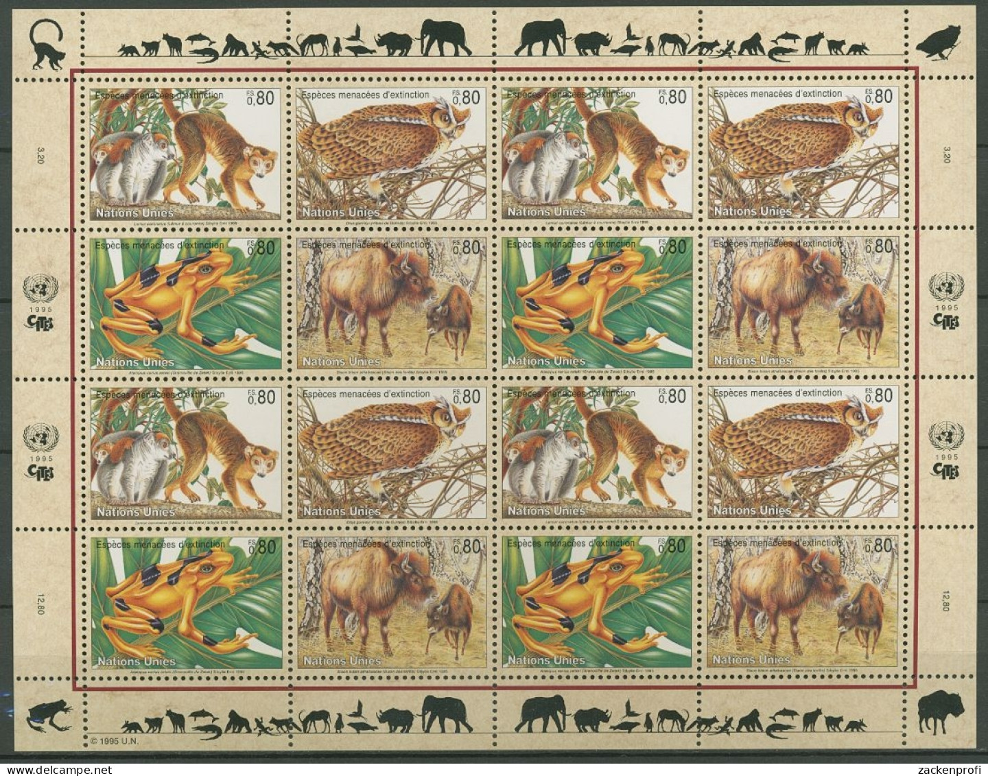 UNO Genf 1995 Gefährdete Arten: Tiere 263/66 ZD-Bogen Postfrisch (C14238) - Blocks & Kleinbögen