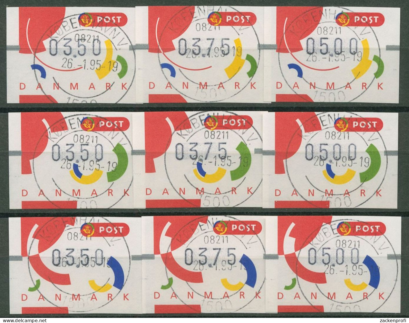 Dänemark ATM 1995 Segmente, 9 Werte, 3 Sätze ATM 2 S1, 3 S1 Und 4 S1 Gestempelt - Vignette [ATM]