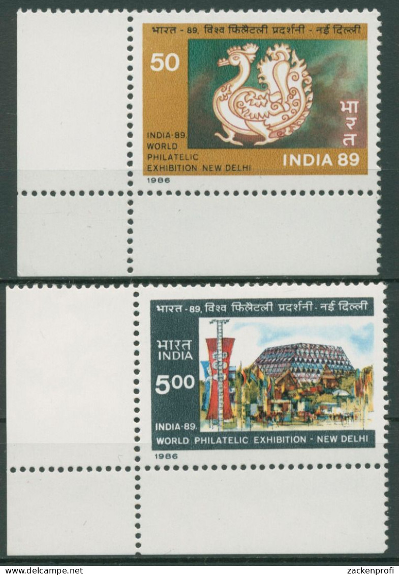 Indien 1987 INDIA'89 Ausstellungshalle 1099/00 Ecke Postfrisch Blockeinzelmarken - Neufs