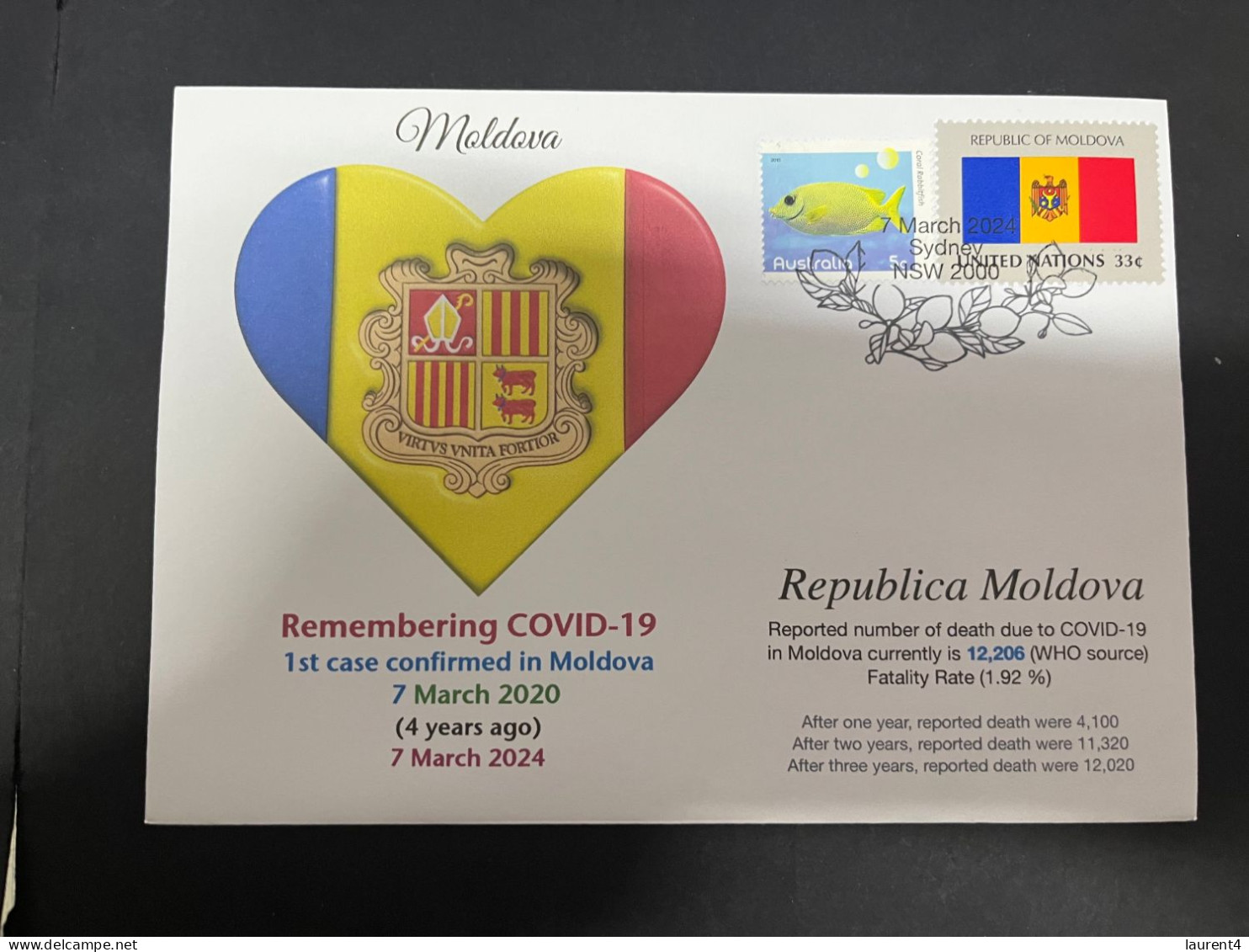 7-3-2024 (2 Y 22) COVID-19 4th Anniversary - Moldova - 7 March 2024 (with Moldova UN Flag Stamp) - Malattie