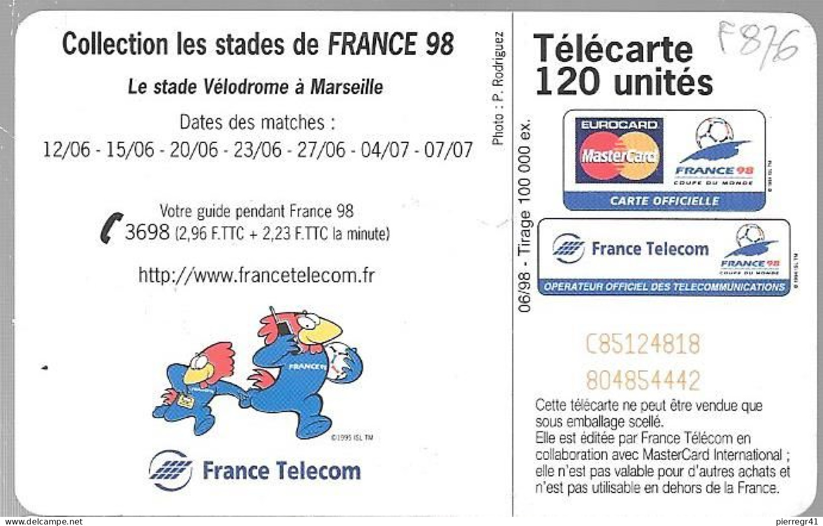 CARTE-PUCE-PUBLIC-F876-120U-SC7-06/98-MARSEILLE-STADE DE FOOT-N° Etroit-C85124818/Utilisé-TBE - 1998