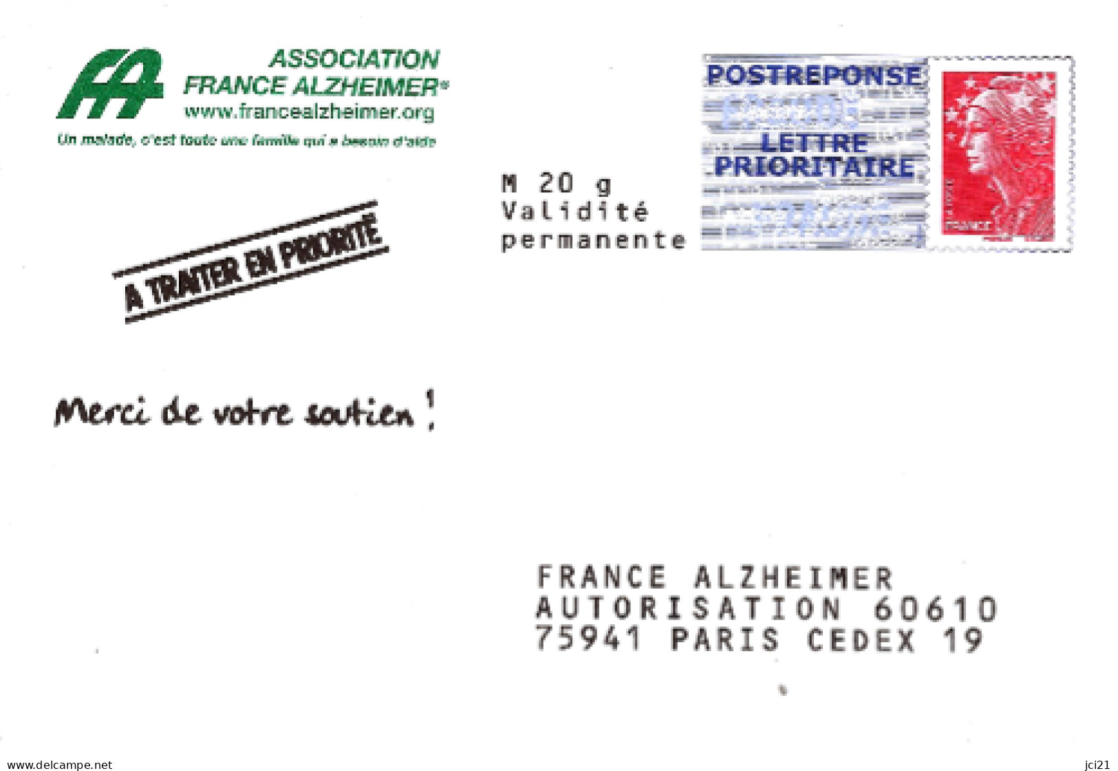 LOT DE 2 PAP BEAUJARD POSTREPONSE LETTRE PRIORITAIRE PHIL@POSTE-FRANCE ALZHEIMER- NEUVES (782)_P214 - Prêts-à-poster: Repiquages /Beaujard