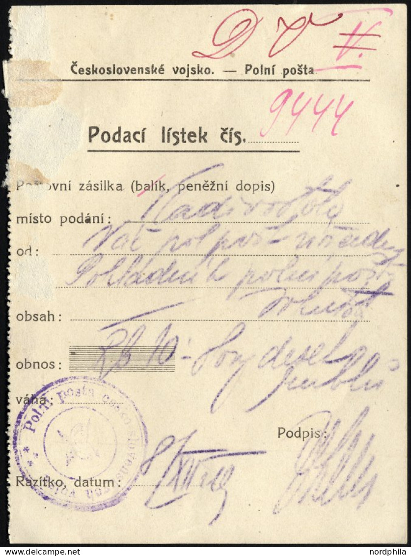TSCHECHOSLOWAKEI 1919, Feldpost-Einlieferungsschein Vom 8. Dezember 1919 Mit Violettem K3 Des Feldpostkontors Wladiwosto - Covers & Documents