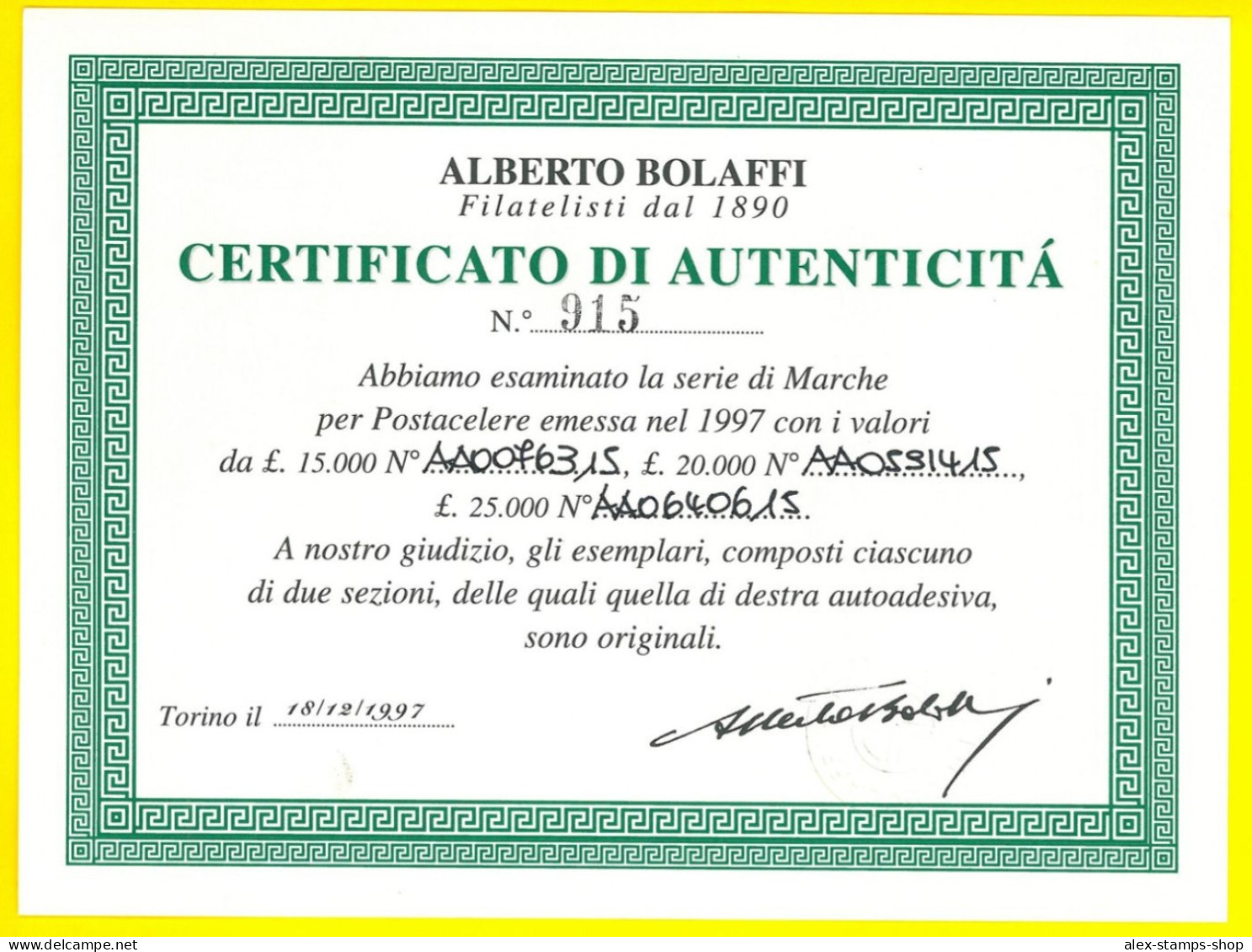 ITALIA 1997 POSTA CELERE - Serie Completa Nuova Senza Proroghe CERTIFICATO - Colis-postaux